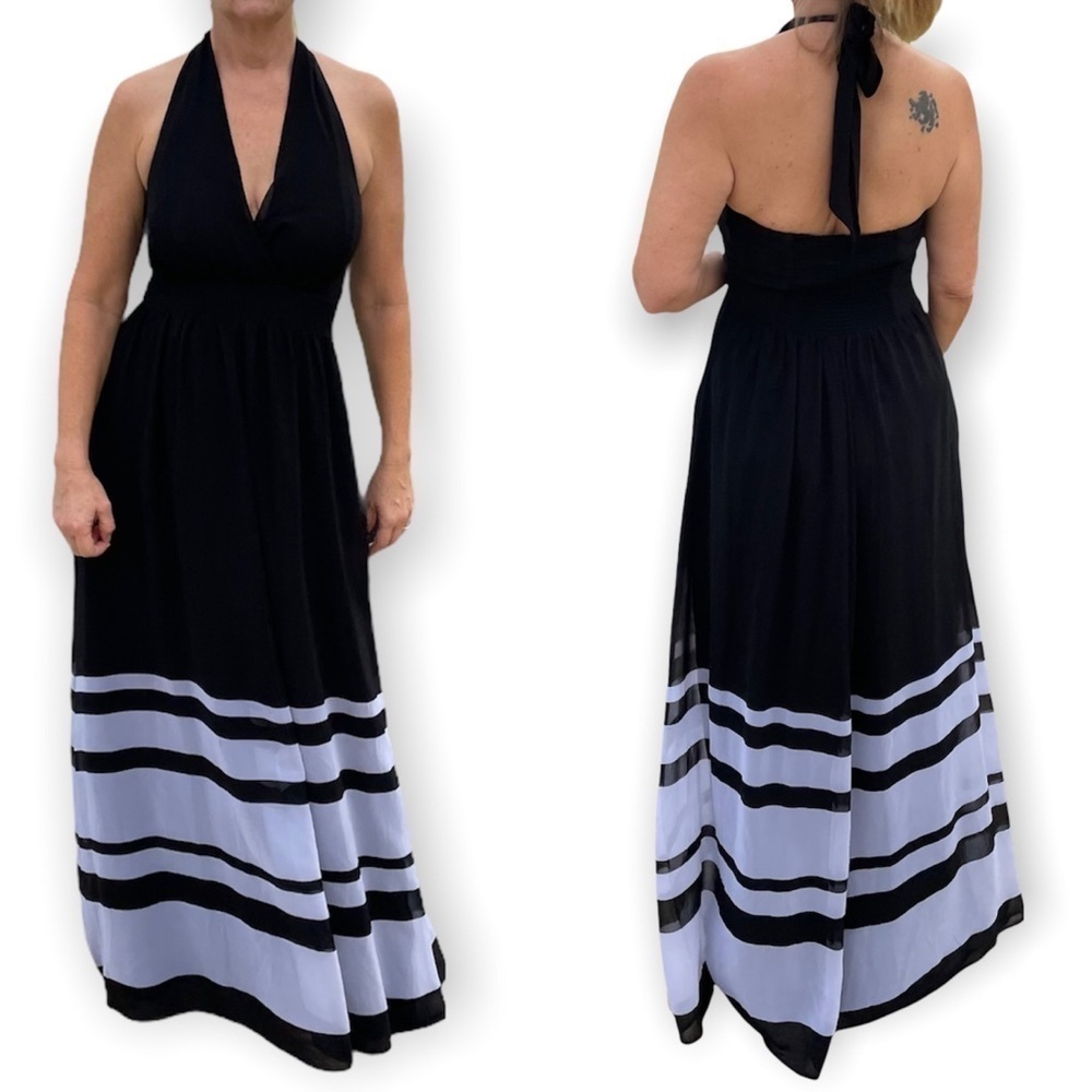 Express Black & Gray Maxi Halter Dress fully lined, empire waist elastic back﻿﻿﻿